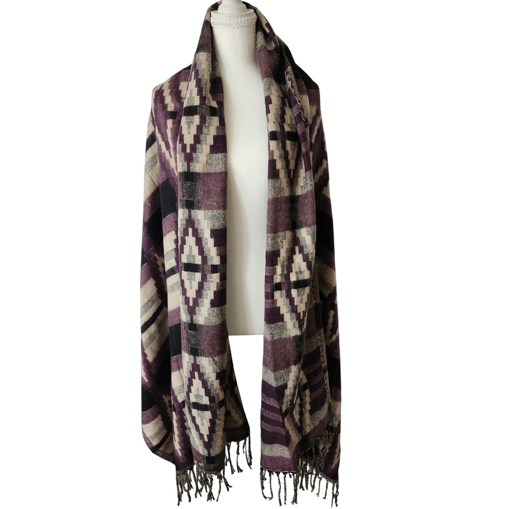 Peter England Yak Wool Shawl Purple Geometric Tribal Oversized Wrap Scarf 87x36